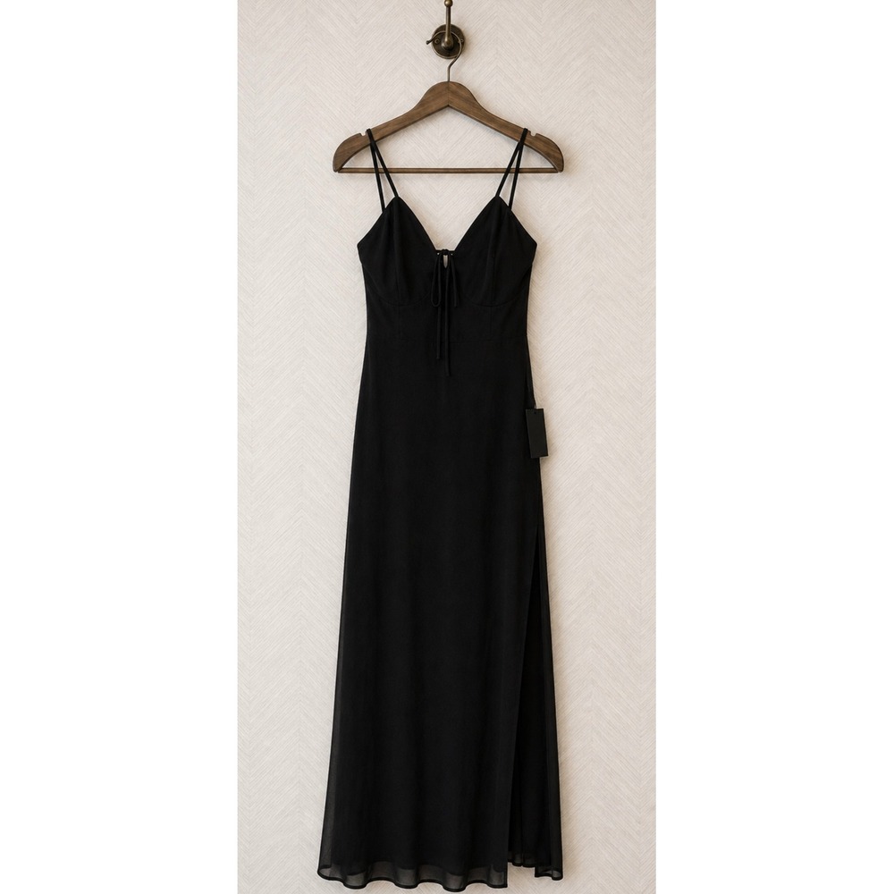 Lulus Black Maxi Dress Tie Front Adjustable Strap Slit Size L NWT